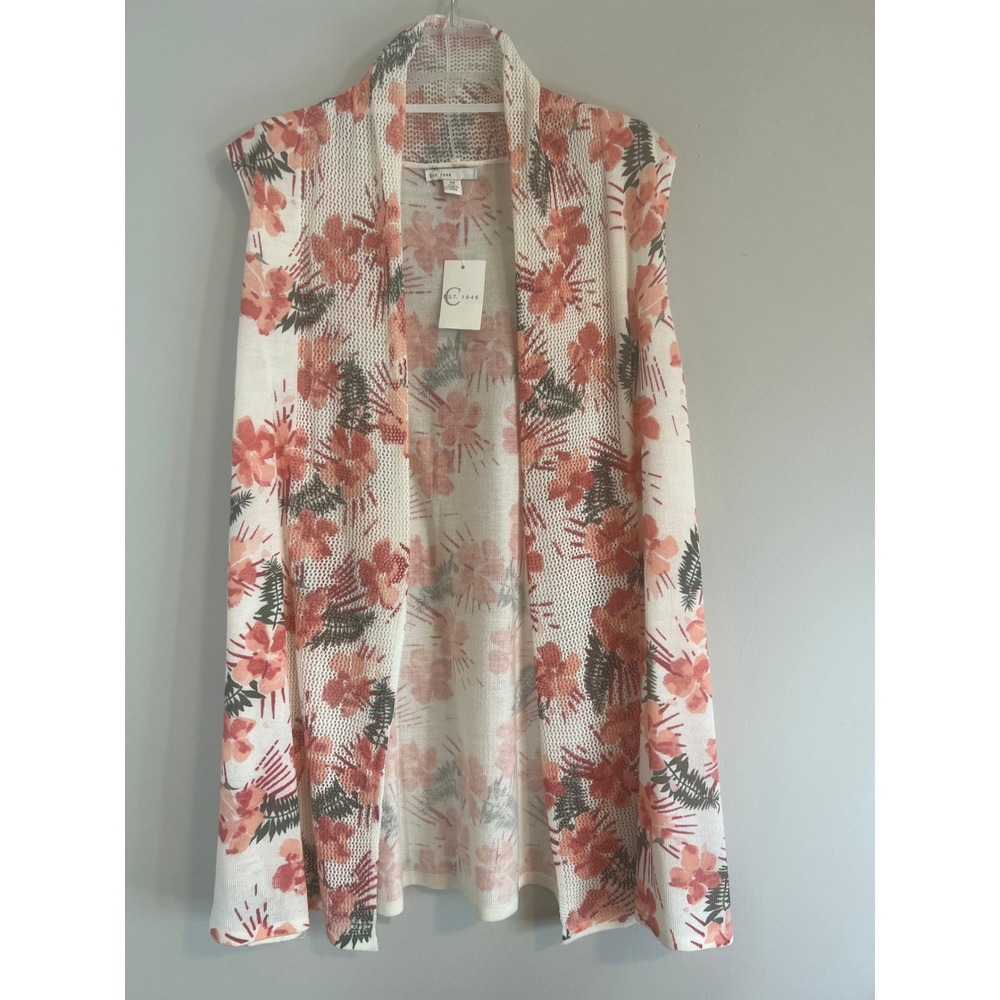 Cato Women Coral Pink Floral Open Knit Sleeveless Cardigan Vest Medium NWT